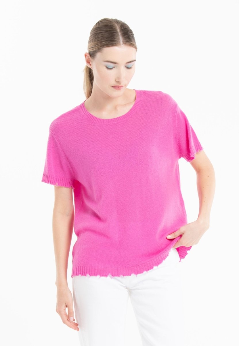 T-shirt col rond cachemire rose barbie femme - AVA 6-0