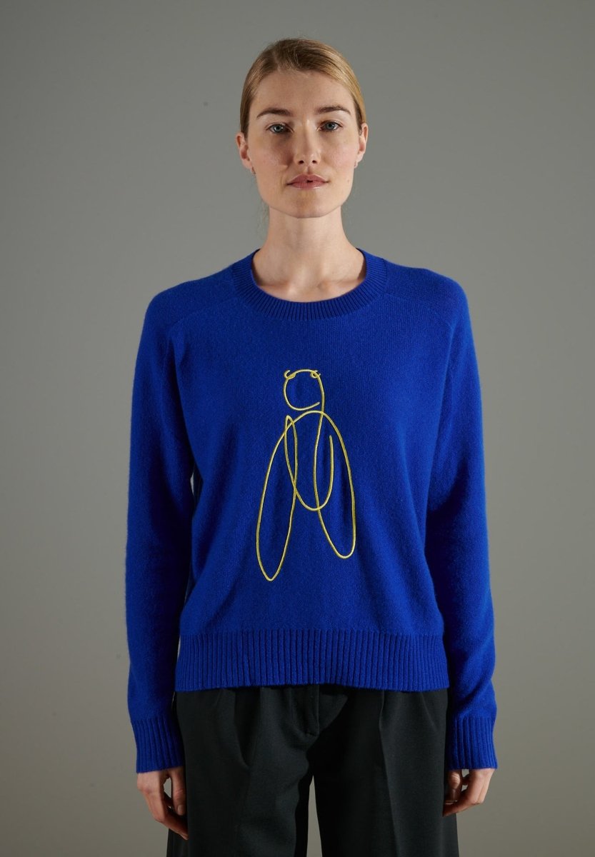 Pull col rond cachemire bleu pétrole/broderie femme - NAMI 9-0