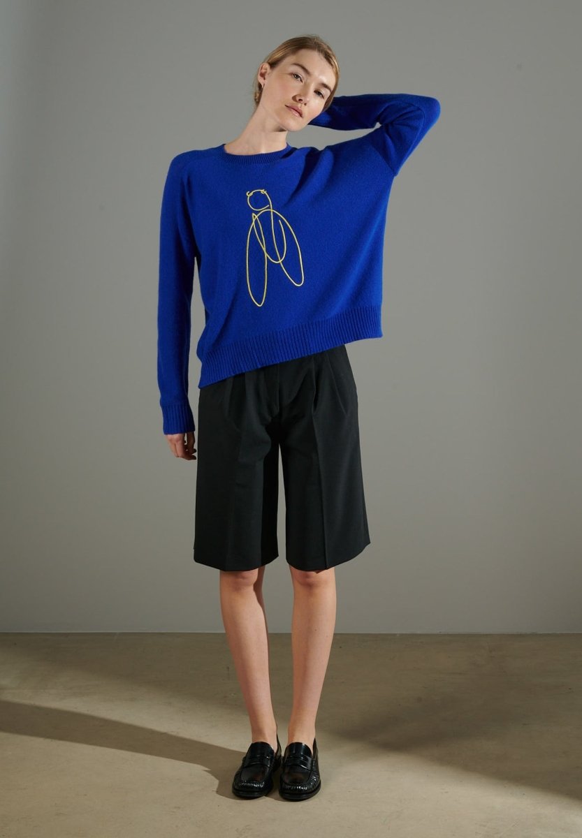 Pull col rond cachemire bleu pétrole/broderie femme - NAMI 9-4