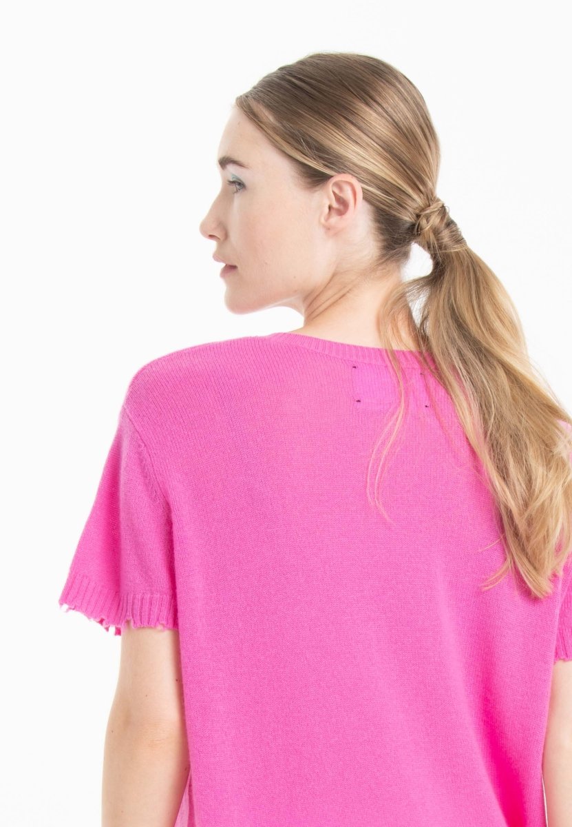 T-shirt col rond cachemire rose barbie femme - AVA 6-3