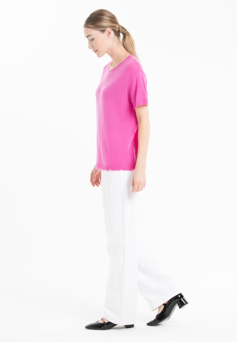 T-shirt col rond cachemire rose barbie femme - AVA 6-1